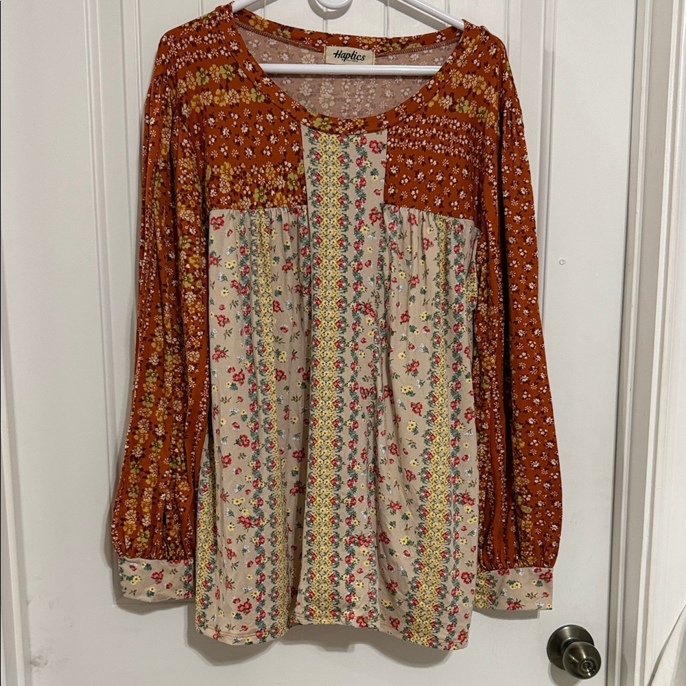 Haptics Rust and Cream Floral Patchwork Tunic Top